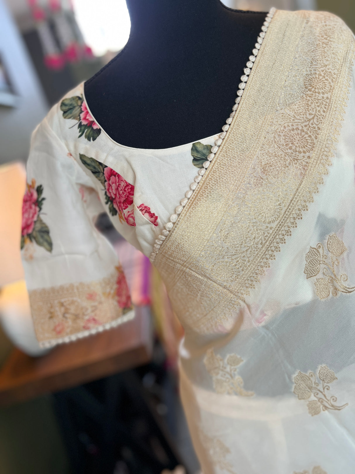 Ivory Floral Banaras Georgette with Floral Blouse
