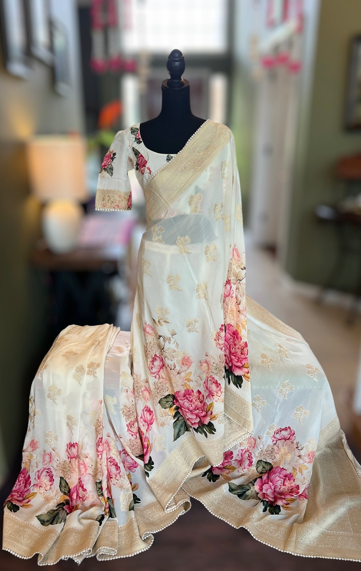 Ivory Floral Banaras Georgette with Floral Blouse