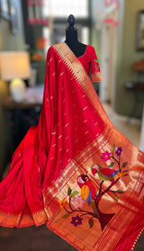 Red Single Muniya Handloom Paithani Pure Silk