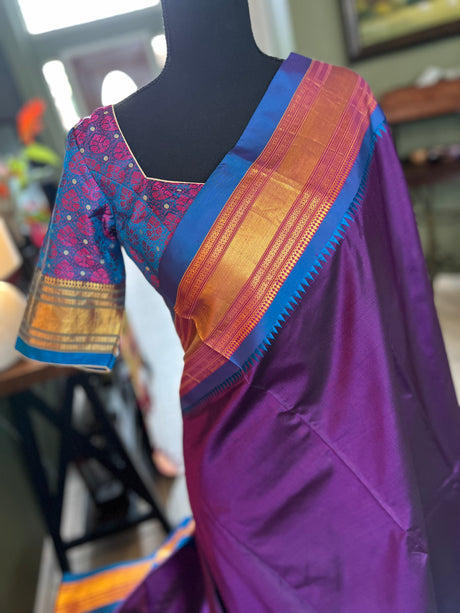  narayanpet pure silk saree with blouse purple and blue