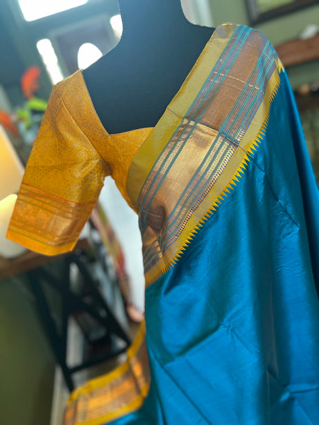  narayanpet pure silk saree with blouse yellow and blue