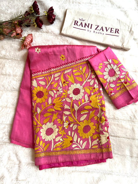 Bubble Gum Pink Hand Katha Stitch Bishnupuri Silk