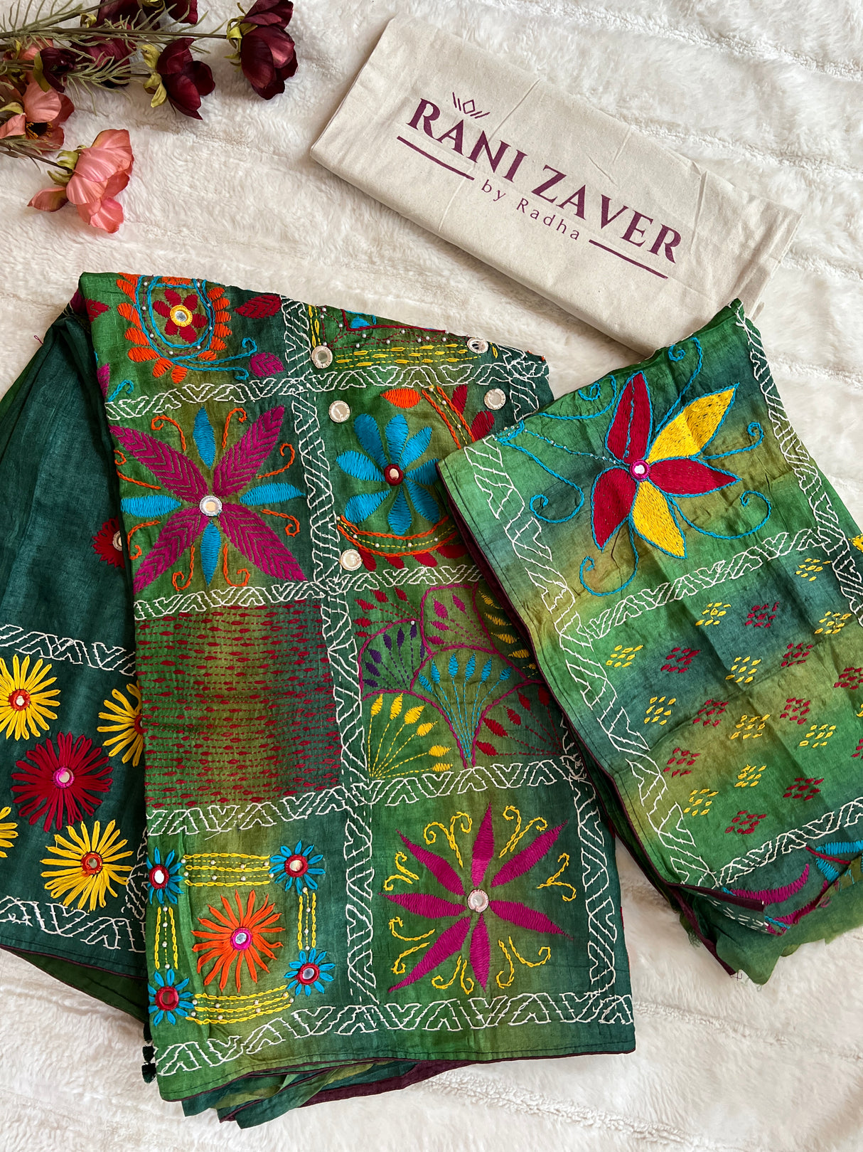 Forest Green Hand Katha Stitch Gachi Tussar Silk