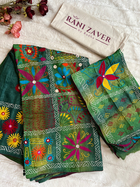 Forest Green Hand Katha Stitch Gachi Tussar Silk