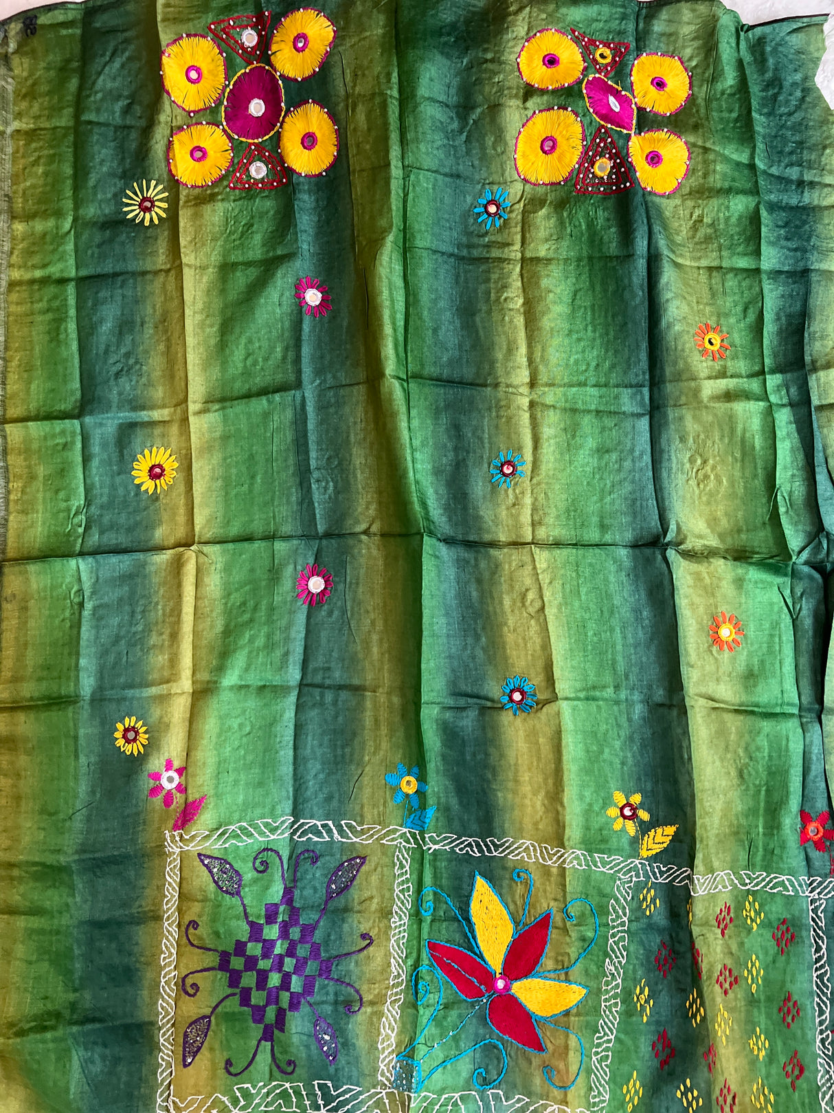 Forest Green Hand Katha Stitch Gachi Tussar Silk