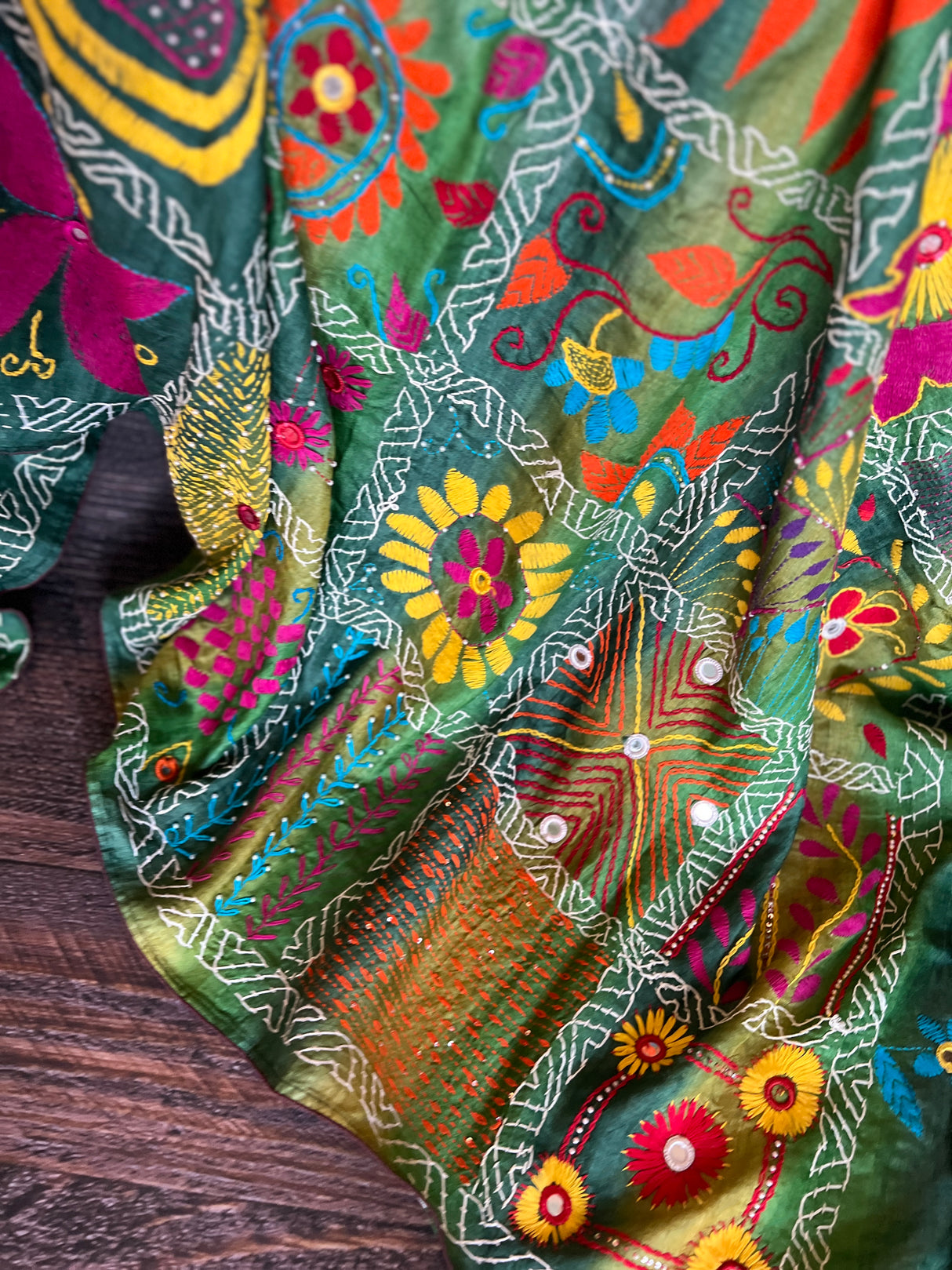 Forest Green Hand Katha Stitch Gachi Tussar Silk