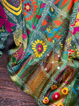 Forest Green Hand Katha Stitch Gachi Tussar Silk