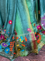 Forest Green Hand Katha Stitch Gachi Tussar Silk