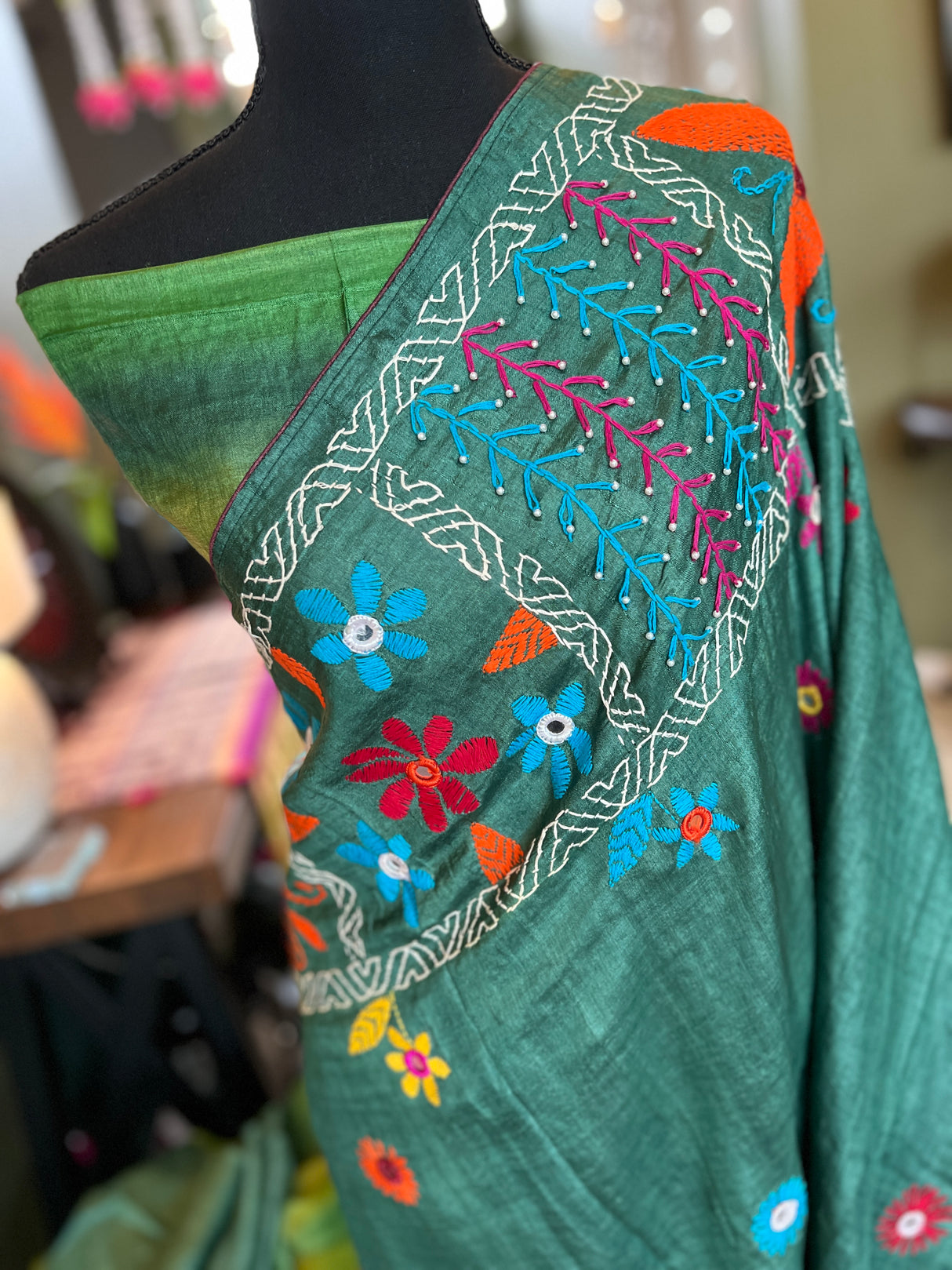 Forest Green Hand Katha Stitch Gachi Tussar Silk