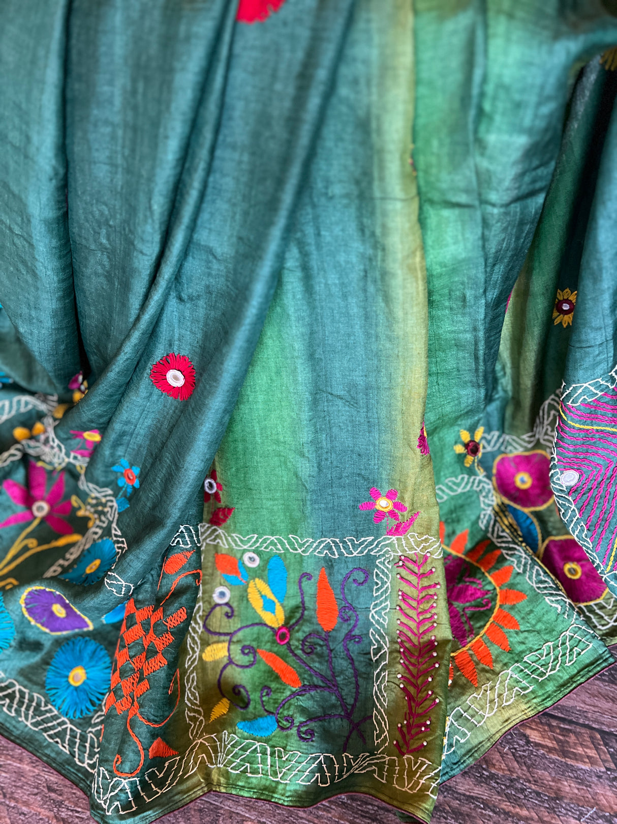 Forest Green Hand Katha Stitch Gachi Tussar Silk