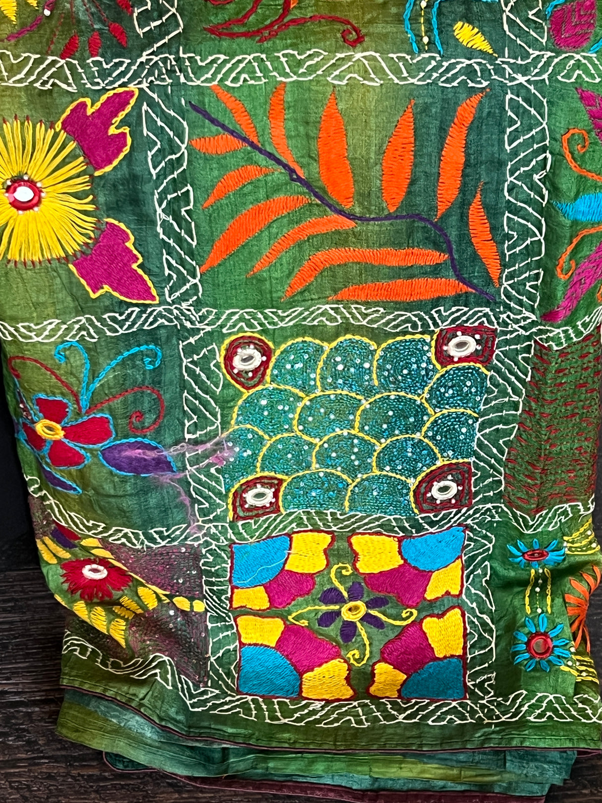 Forest Green Hand Katha Stitch Gachi Tussar Silk