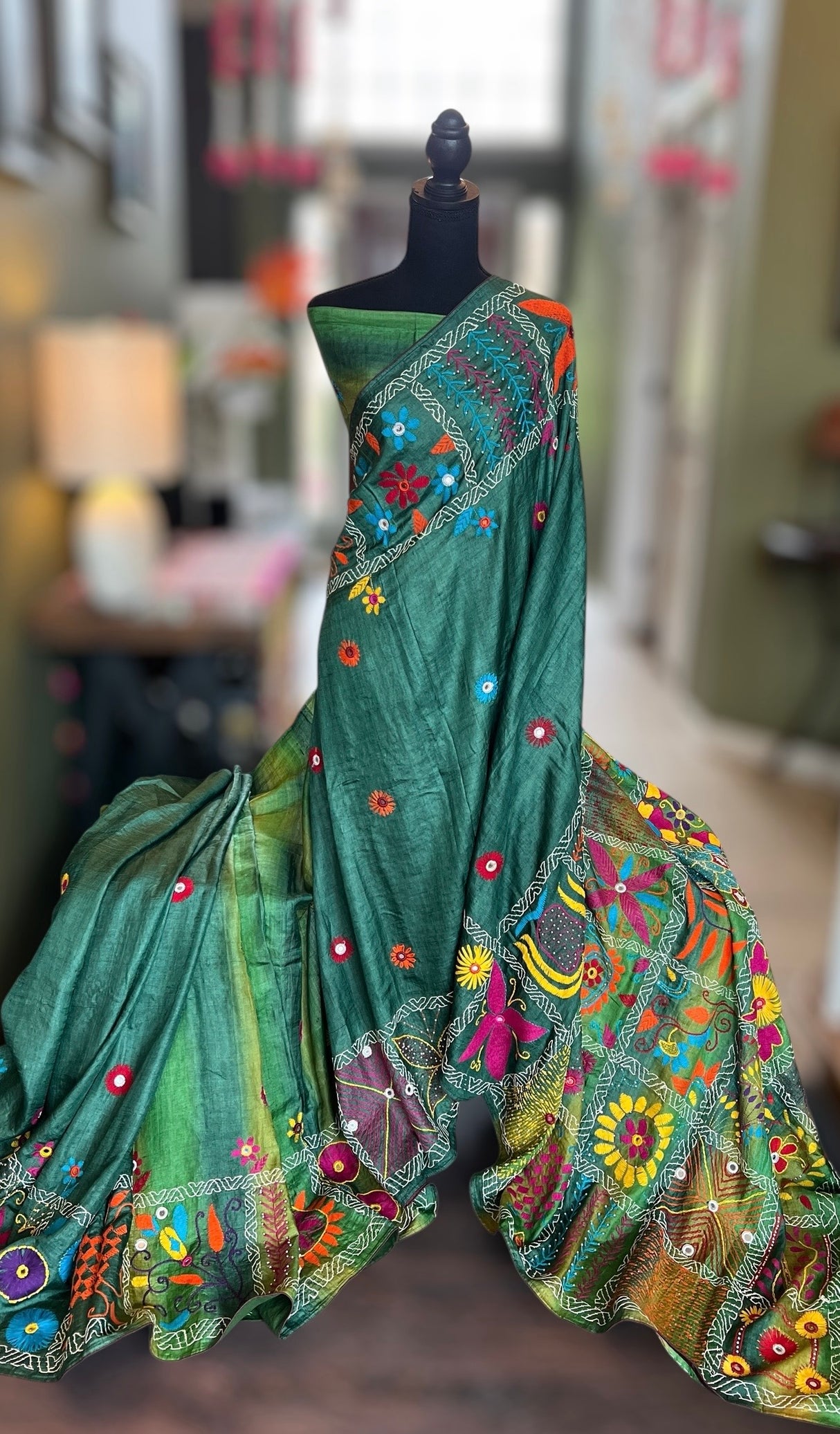 Forest Green Hand Katha Stitch Gachi Tussar Silk