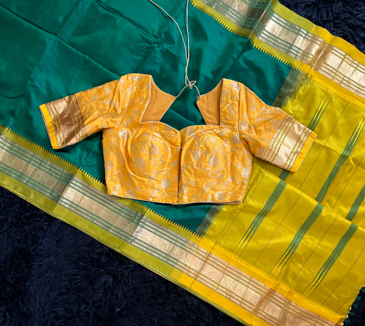  narayanpet pure silk saree with blouse yellow and green