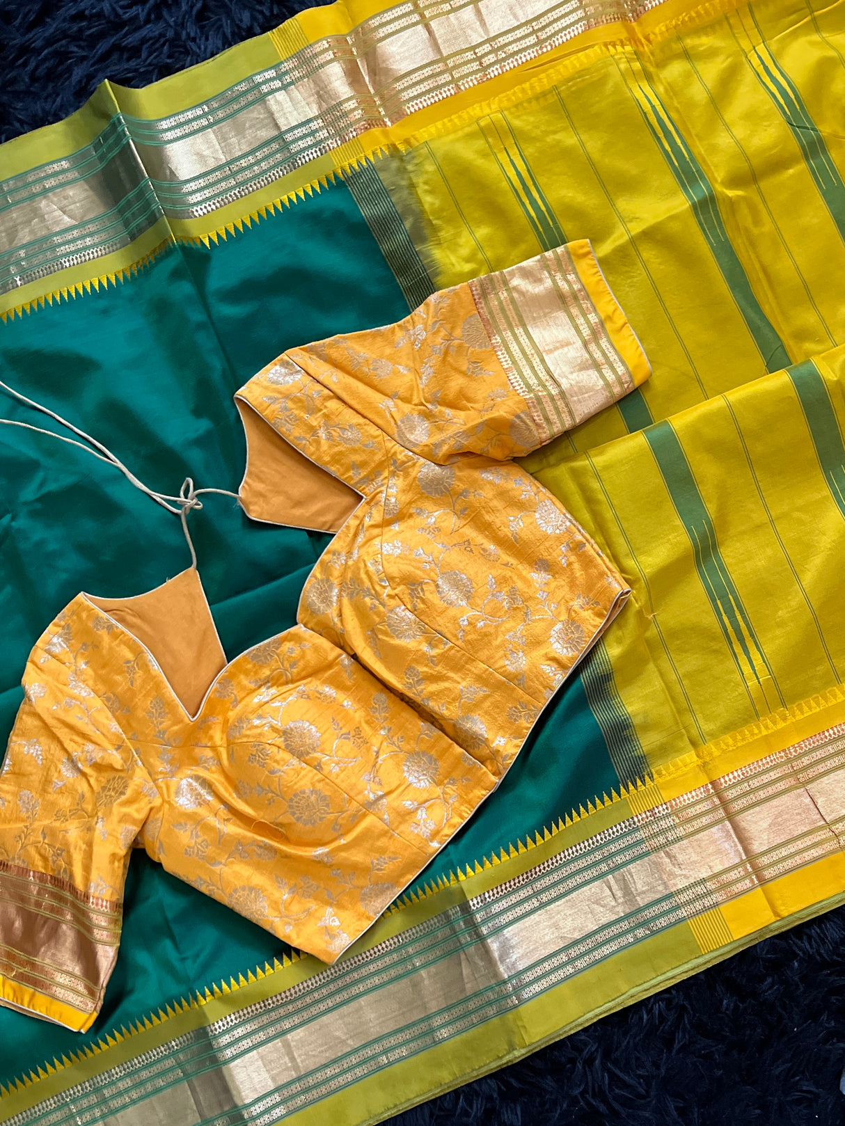  narayanpet pure silk saree with blouse yellow and green