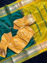  narayanpet pure silk saree with blouse yellow and green