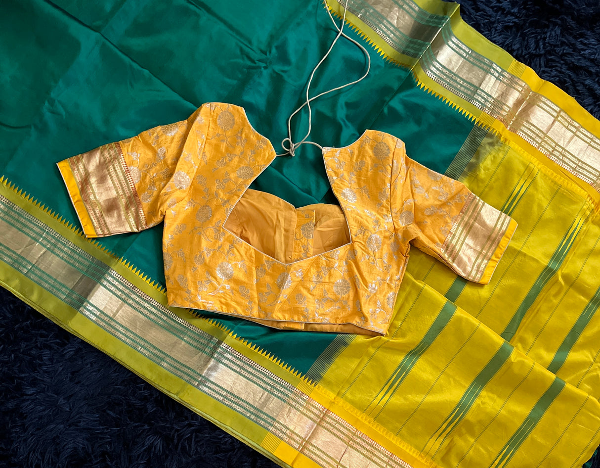  narayanpet pure silk saree with blouse yellow and green