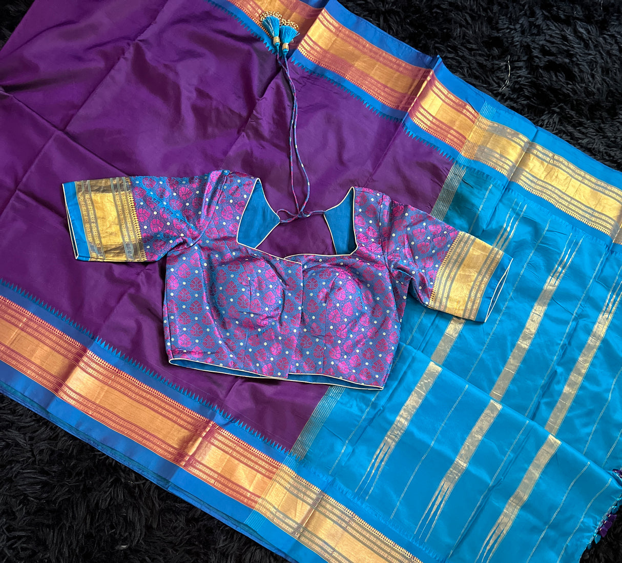  narayanpet pure silk saree with blouse purple and blue