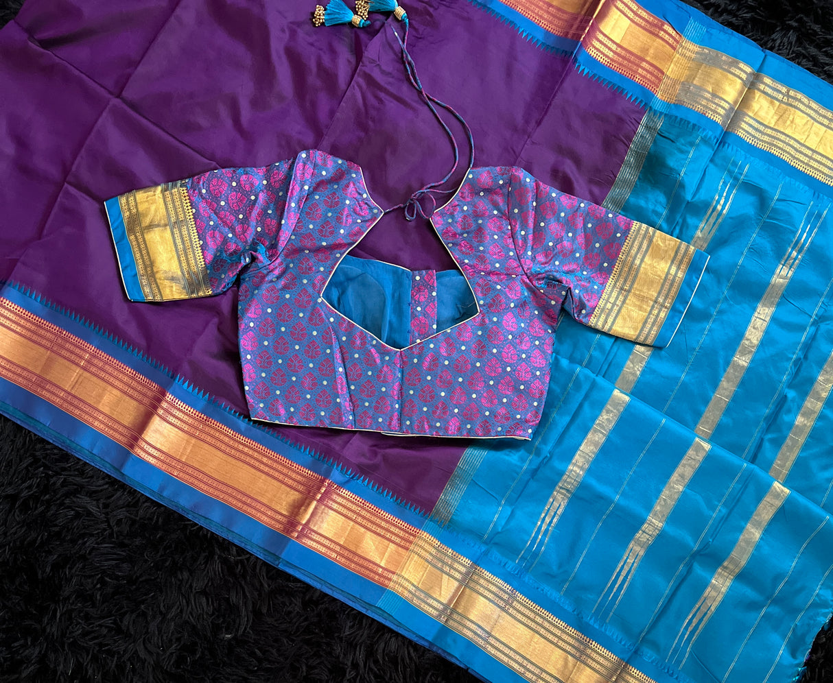  narayanpet pure silk saree with blouse purple and blue