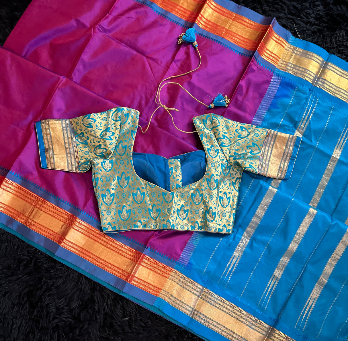  narayanpet pure silk saree with blouse pink and blue