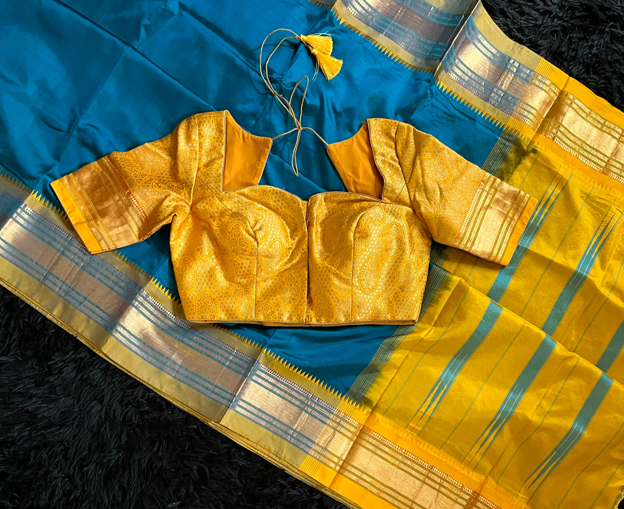  narayanpet pure silk saree with blouse yellow and blue