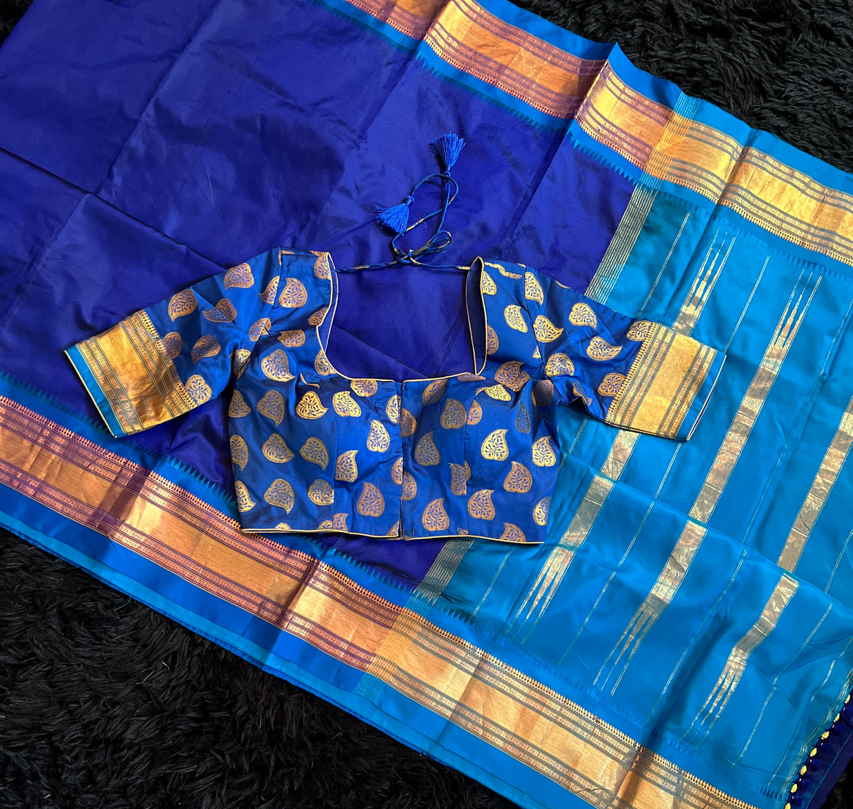  narayanpet pure silk saree with blouse blue and purple combo