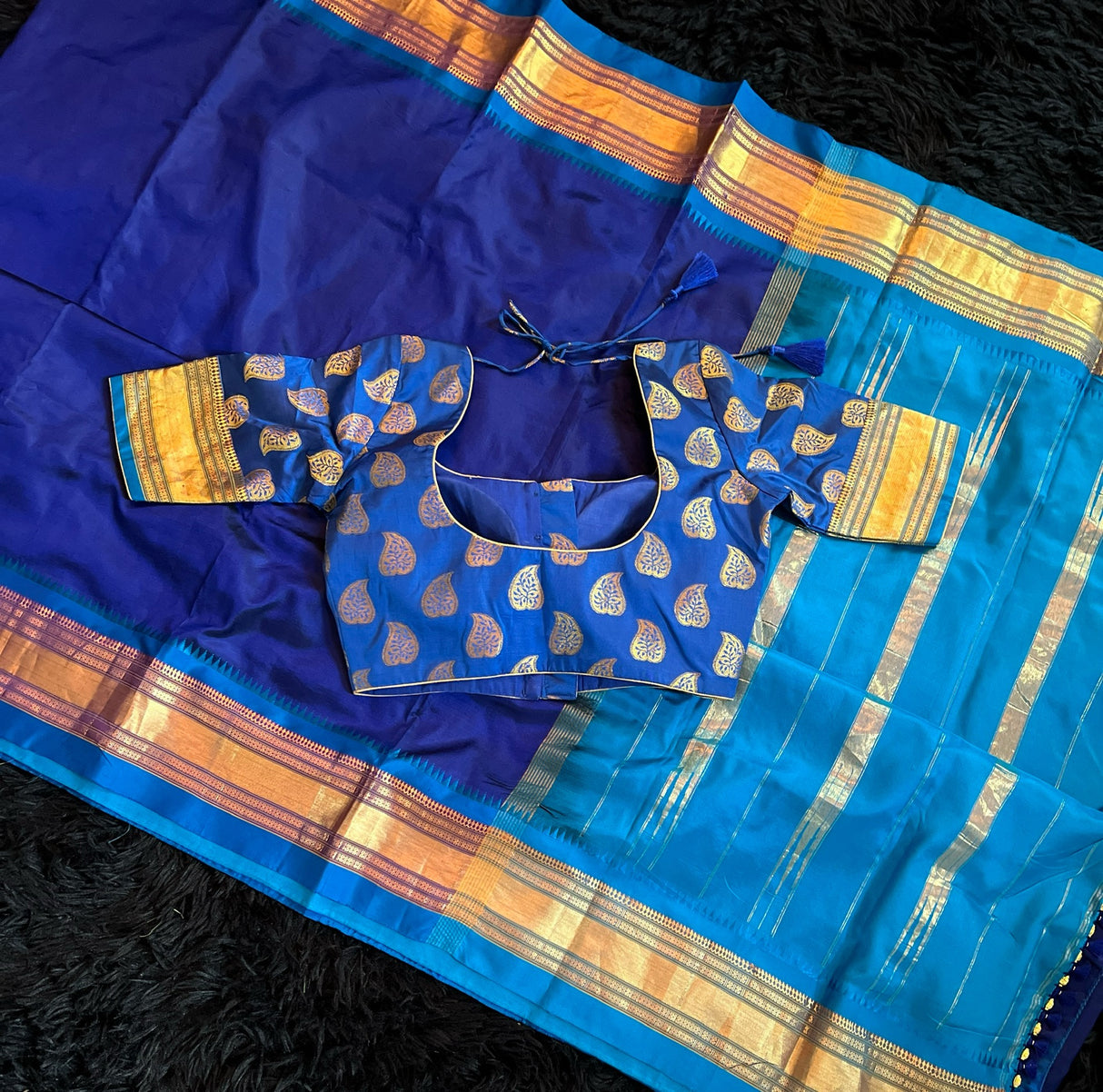  narayanpet pure silk saree with blouse blue and purple combo