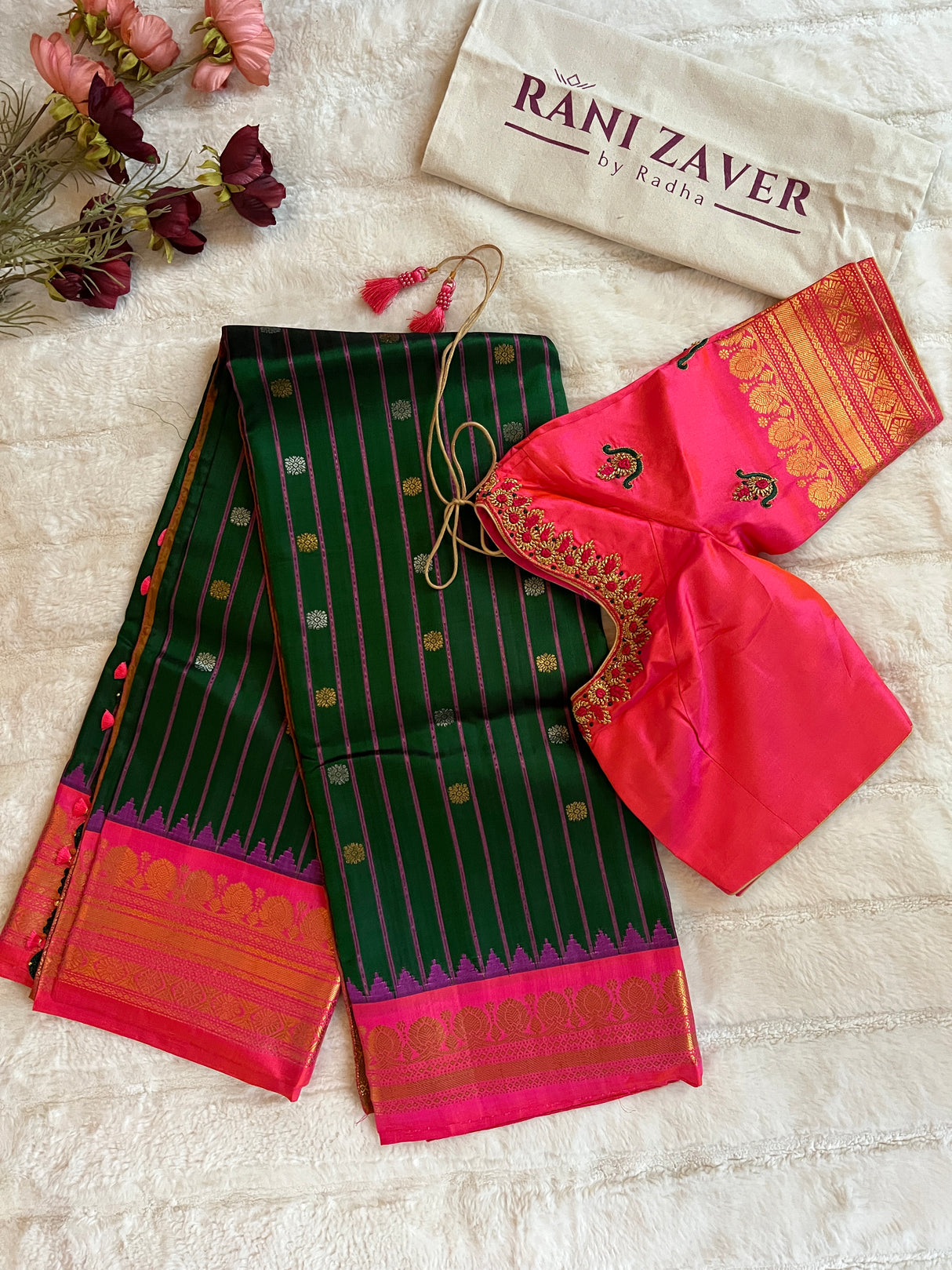 Green Stripes Hot Pink Gadwal Kanchi Pure Silk