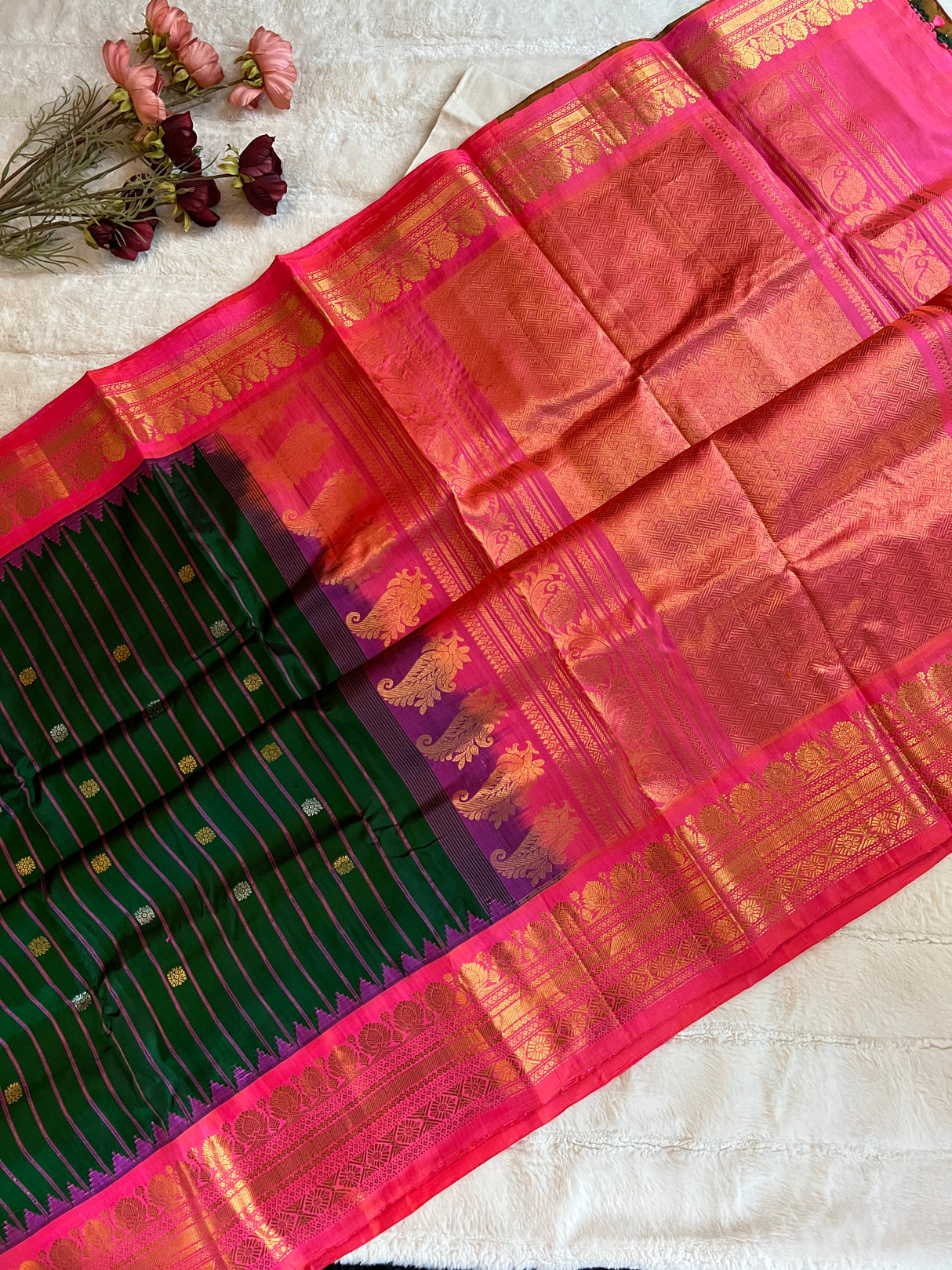 Green Stripes Hot Pink Gadwal Kanchi Pure Silk