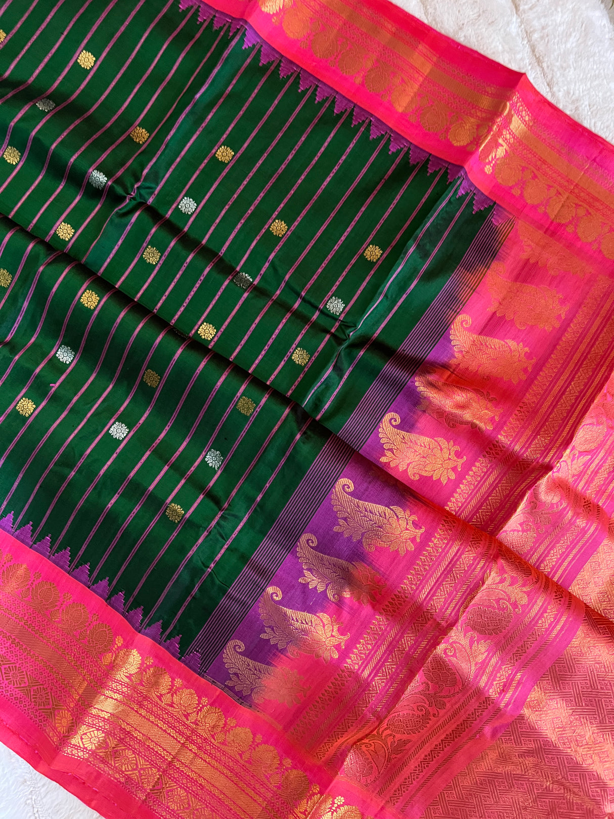 Green Stripes Hot Pink Gadwal Kanchi Pure Silk