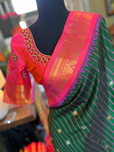 Green Stripes Hot Pink Gadwal Kanchi Pure Silk