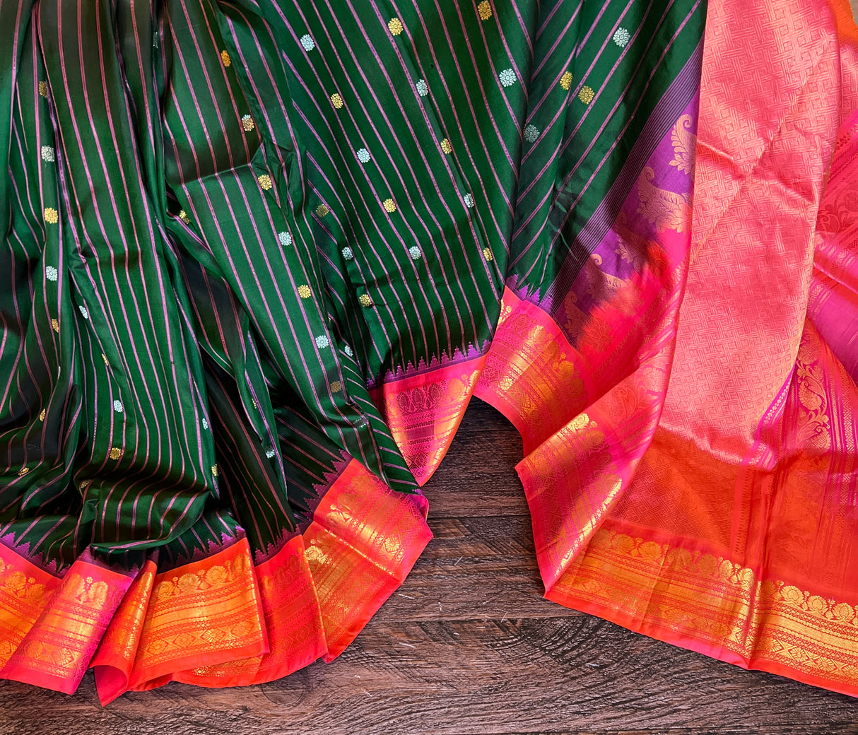 Green Stripes Hot Pink Gadwal Kanchi Pure Silk