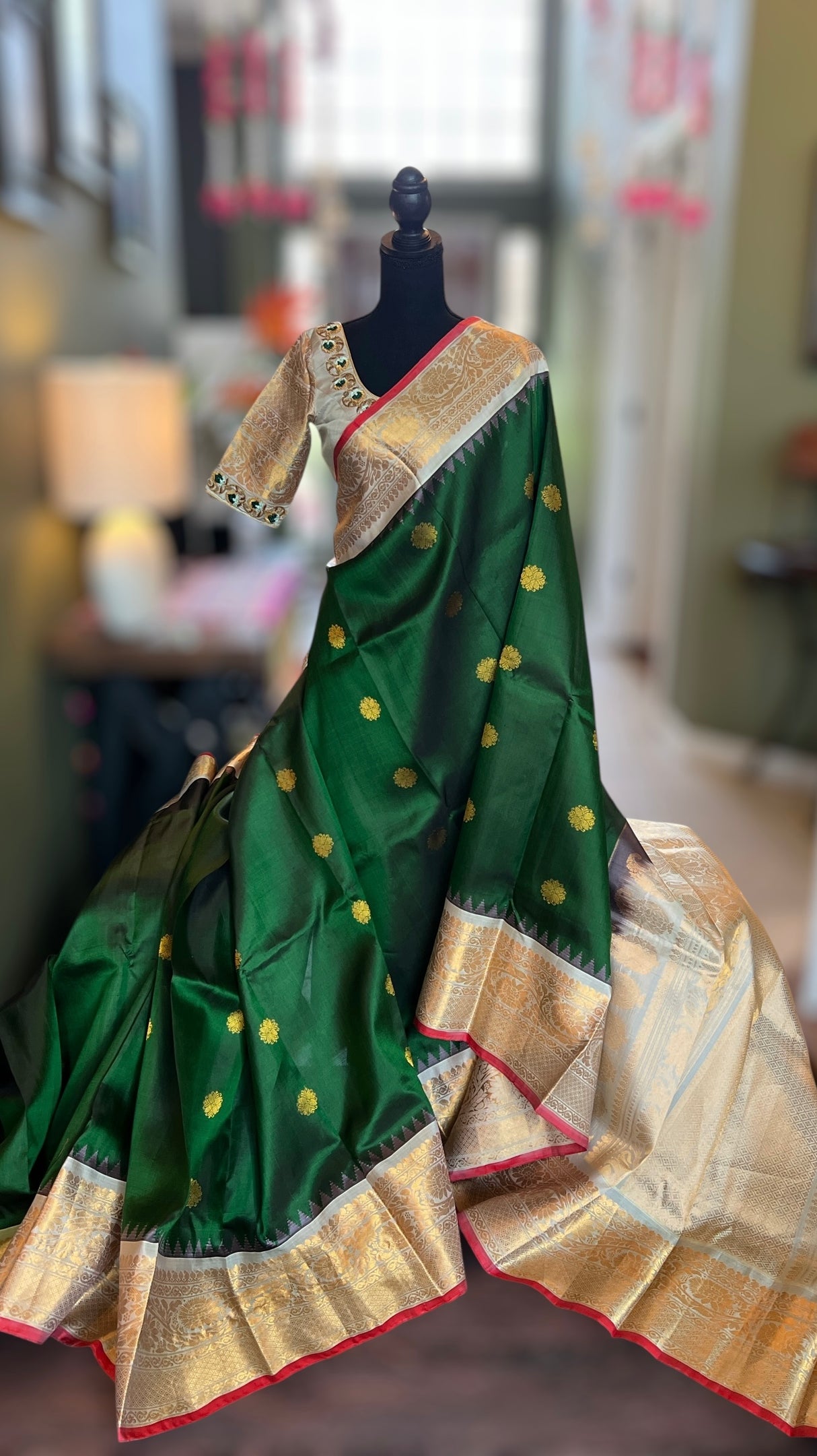 Bottle green Grey Gadwal Kanchi Pure Silk