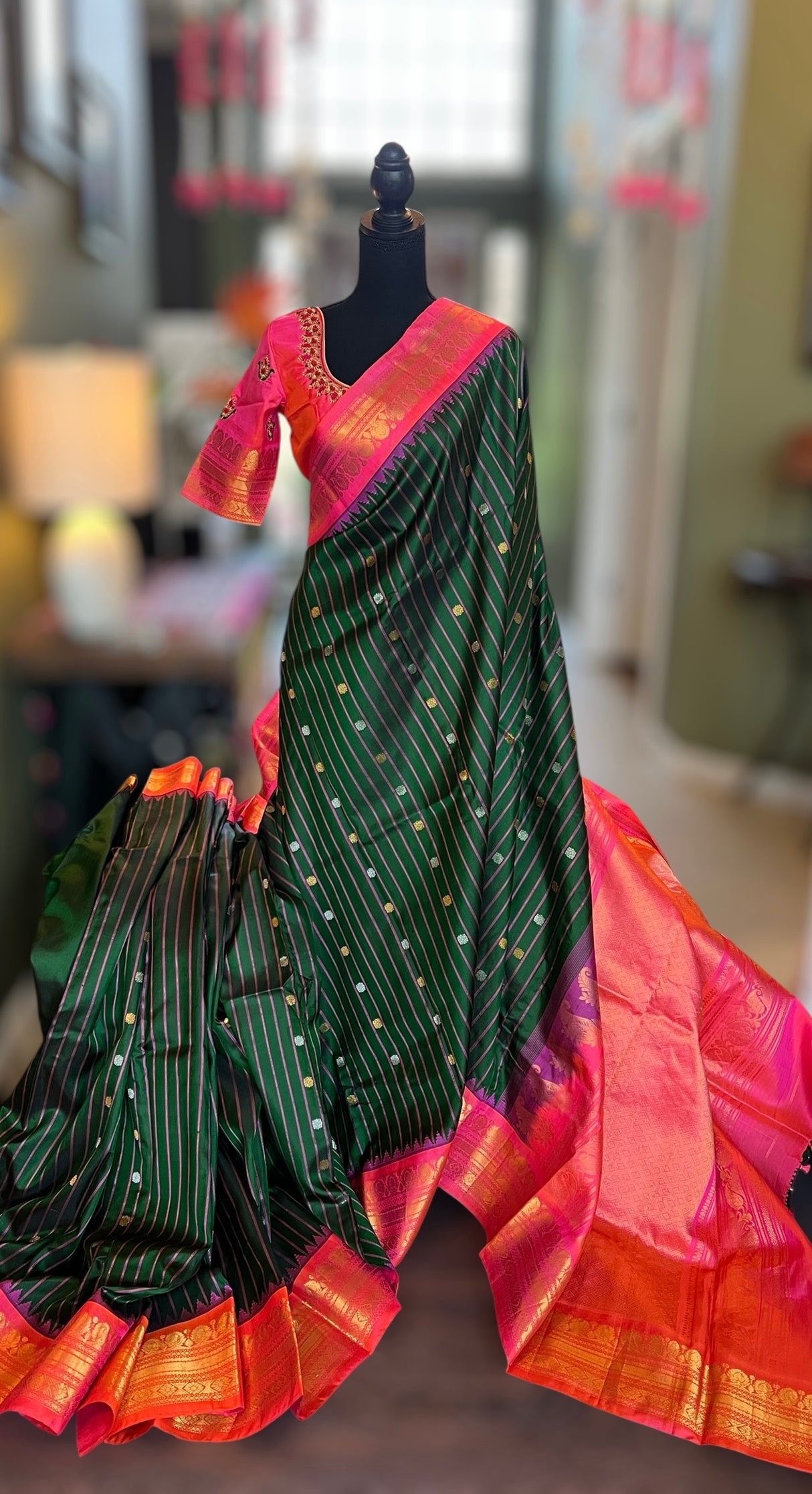 Green Stripes Hot Pink Gadwal Kanchi Pure Silk