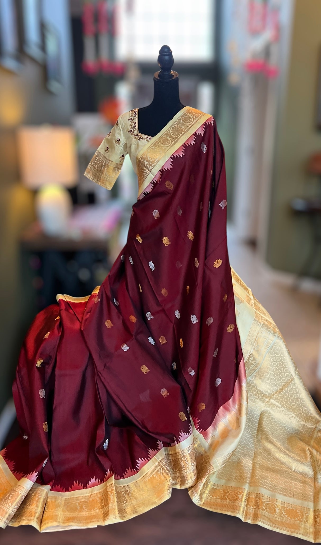 Maroon Beige Gadwal Kanchi Pure Silk