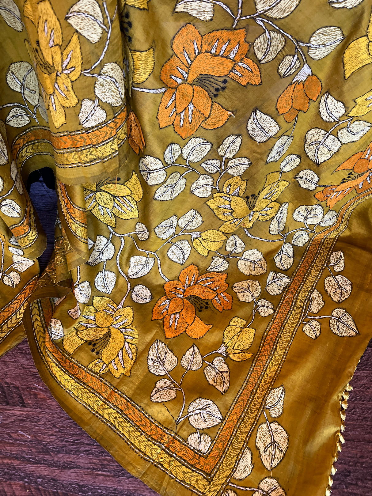 Mehendi Green HAND Kantha Stitch Gachi Tussar Silk
