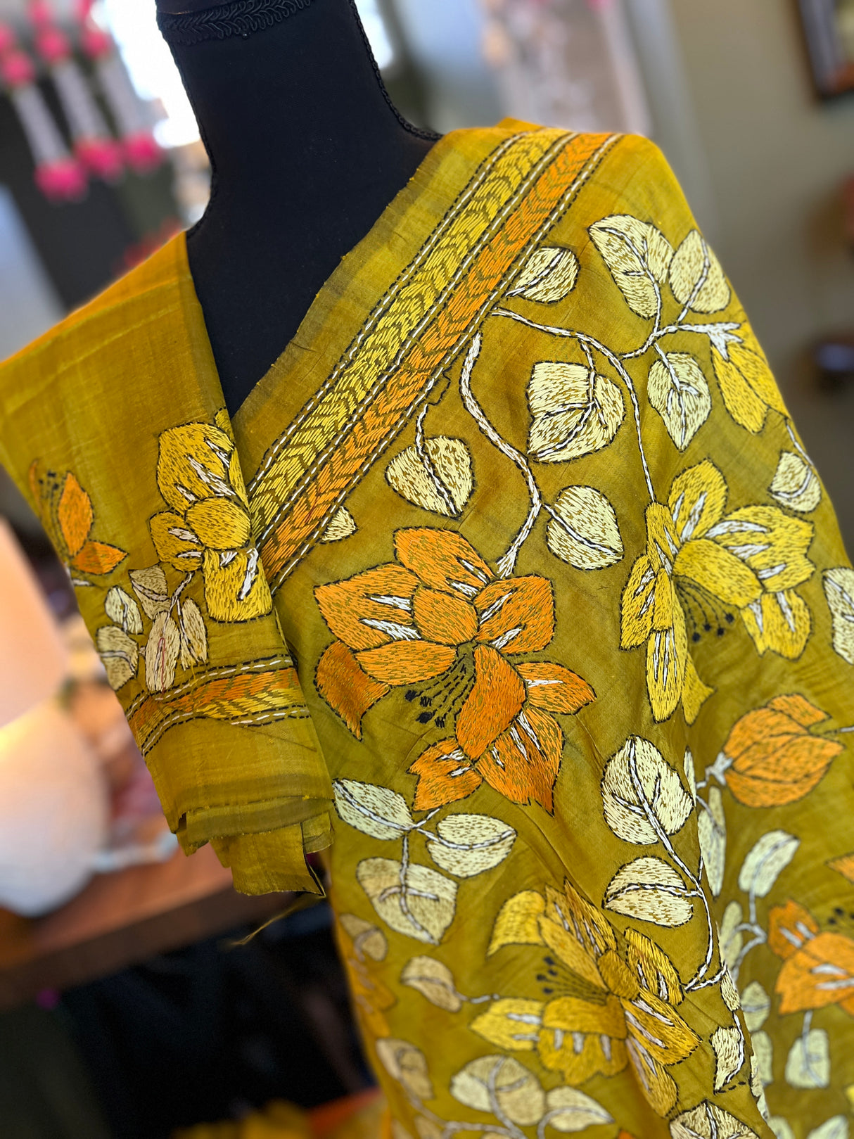 Mehendi Green HAND Kantha Stitch Gachi Tussar Silk