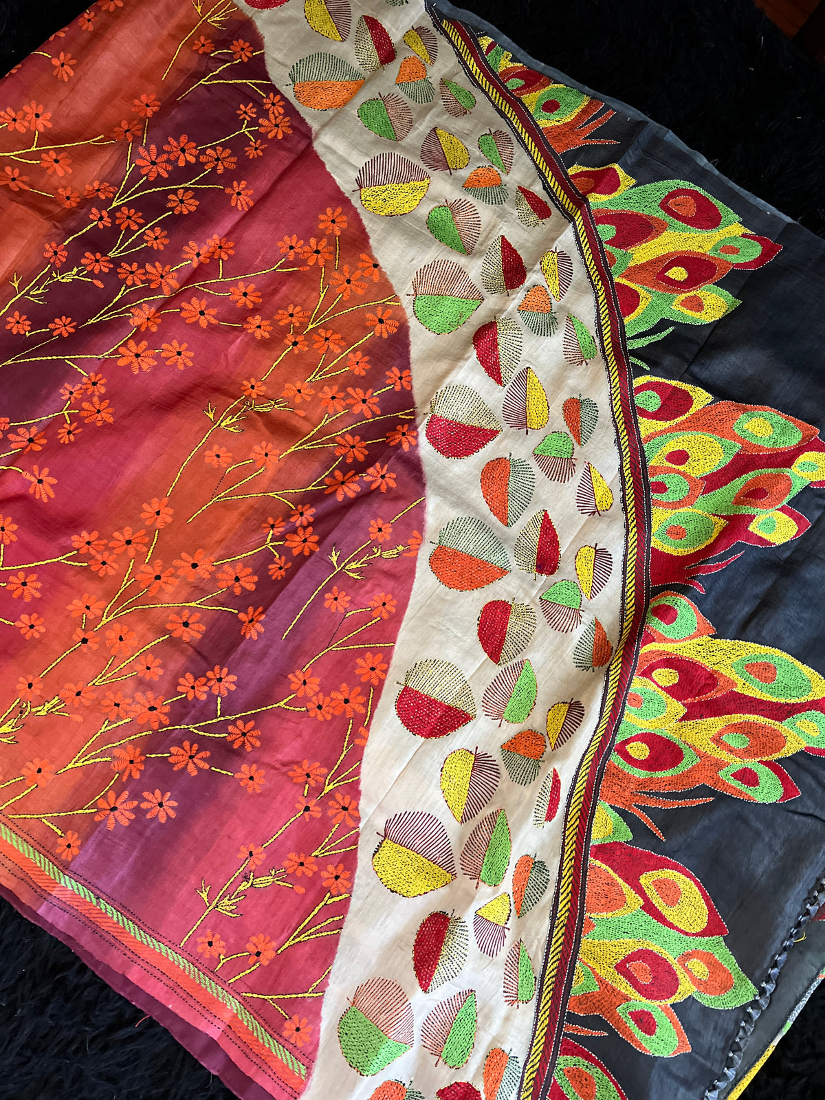Rust And Grey HAND Kantha Stitch Gachi Tussar Silk – Rani Zaver
