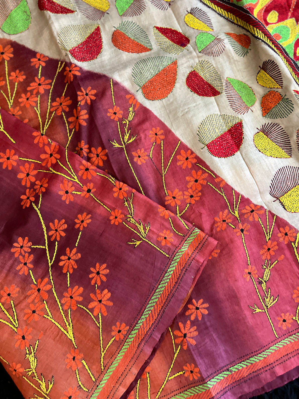 Rust And Grey HAND Kantha Stitch Gachi Tussar Silk – Rani Zaver