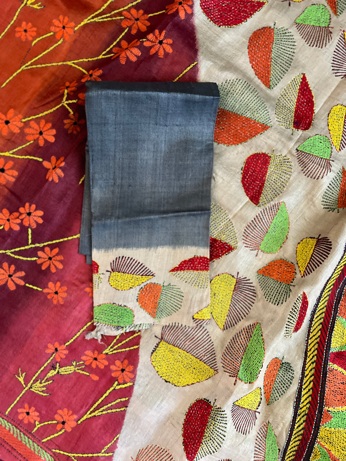 Rust And Grey HAND Kantha Stitch Gachi Tussar Silk – Rani Zaver