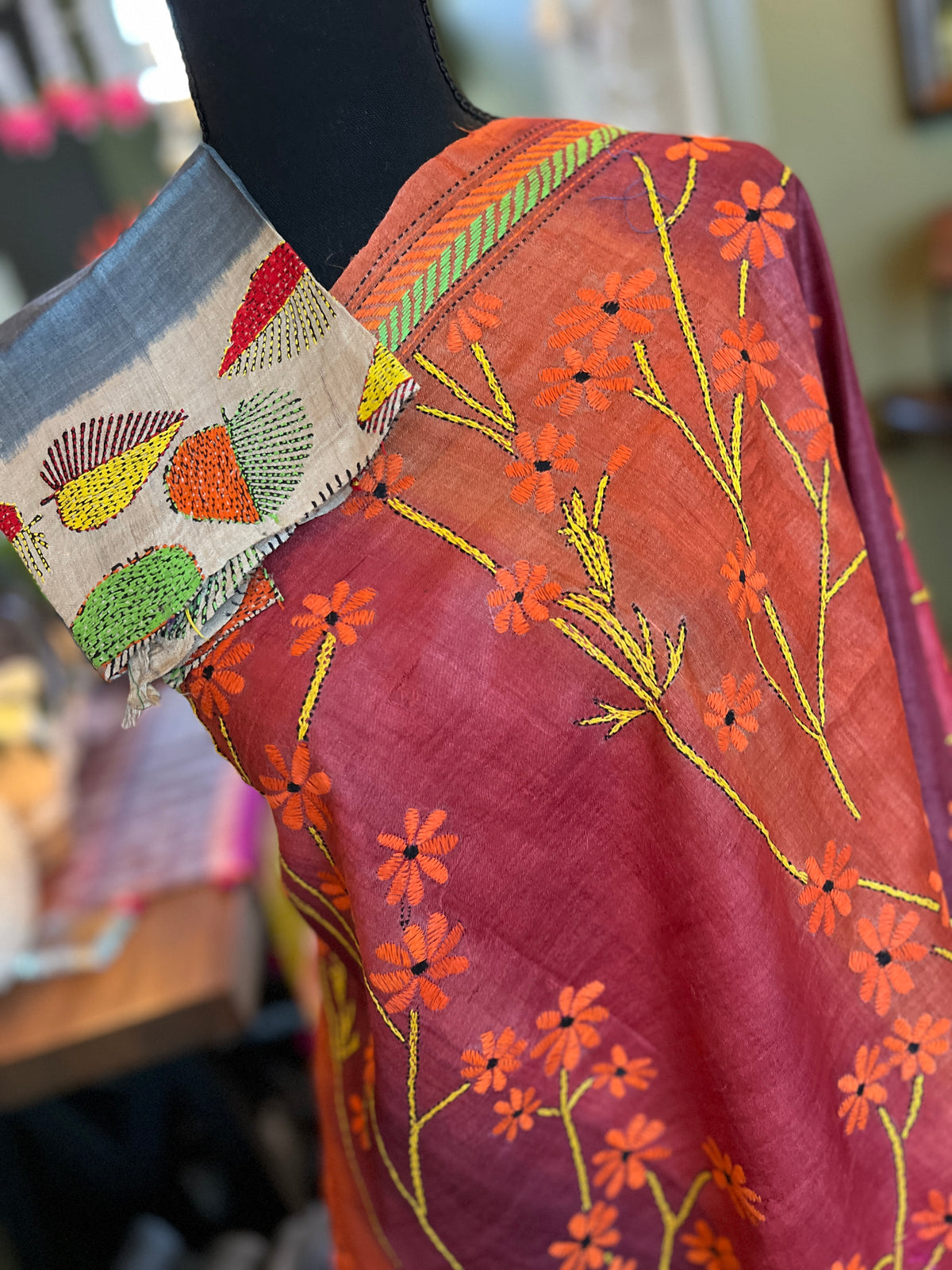 Rust And Grey HAND Kantha Stitch Gachi Tussar Silk – Rani Zaver