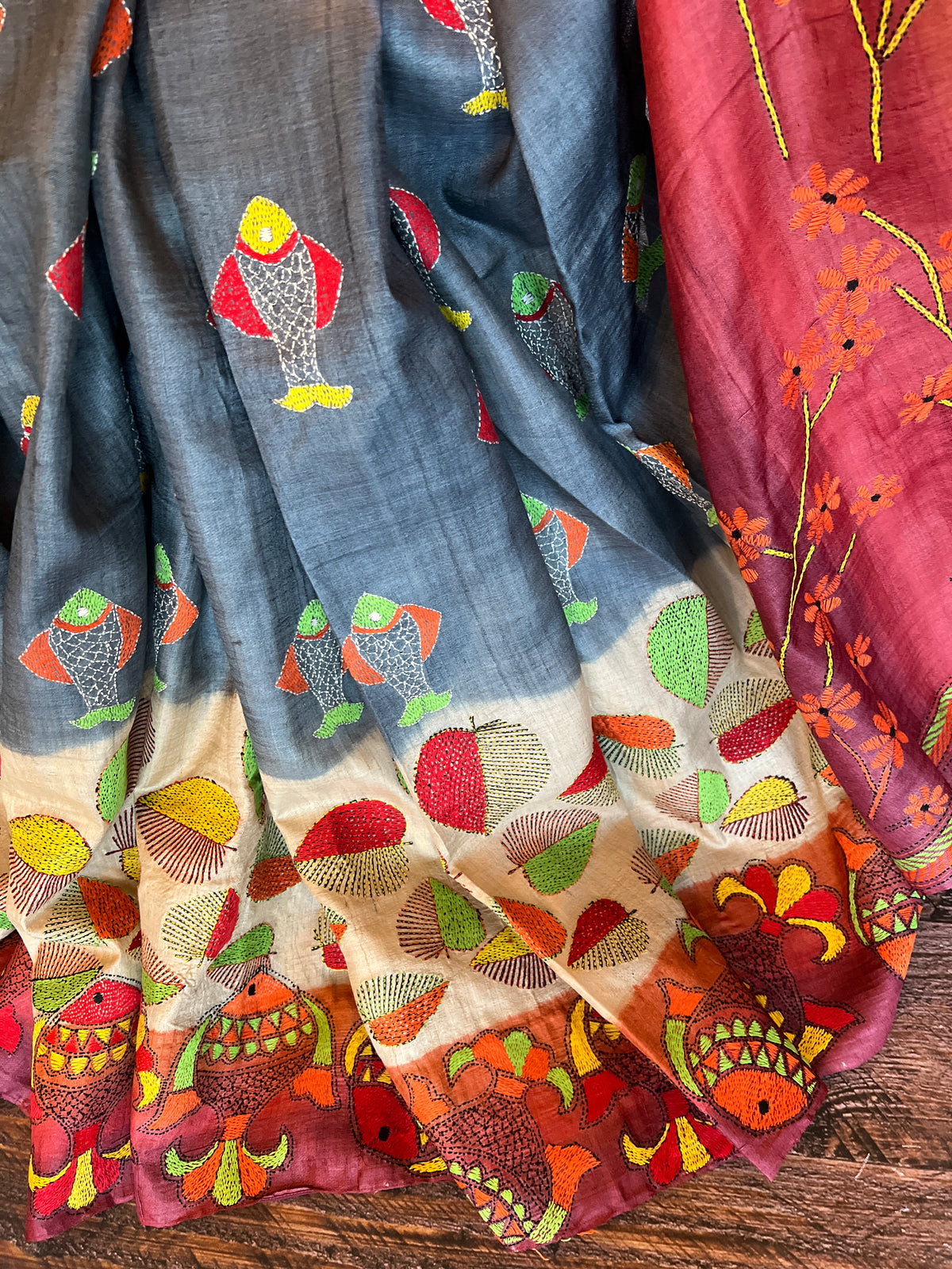 Rust And Grey HAND Kantha Stitch Gachi Tussar Silk – Rani Zaver