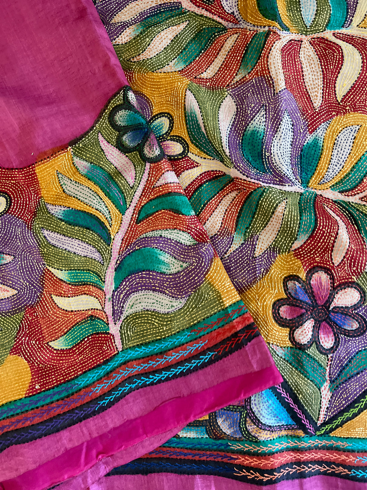 Pink Hand Katha Stitch Gachi Tussar Silk