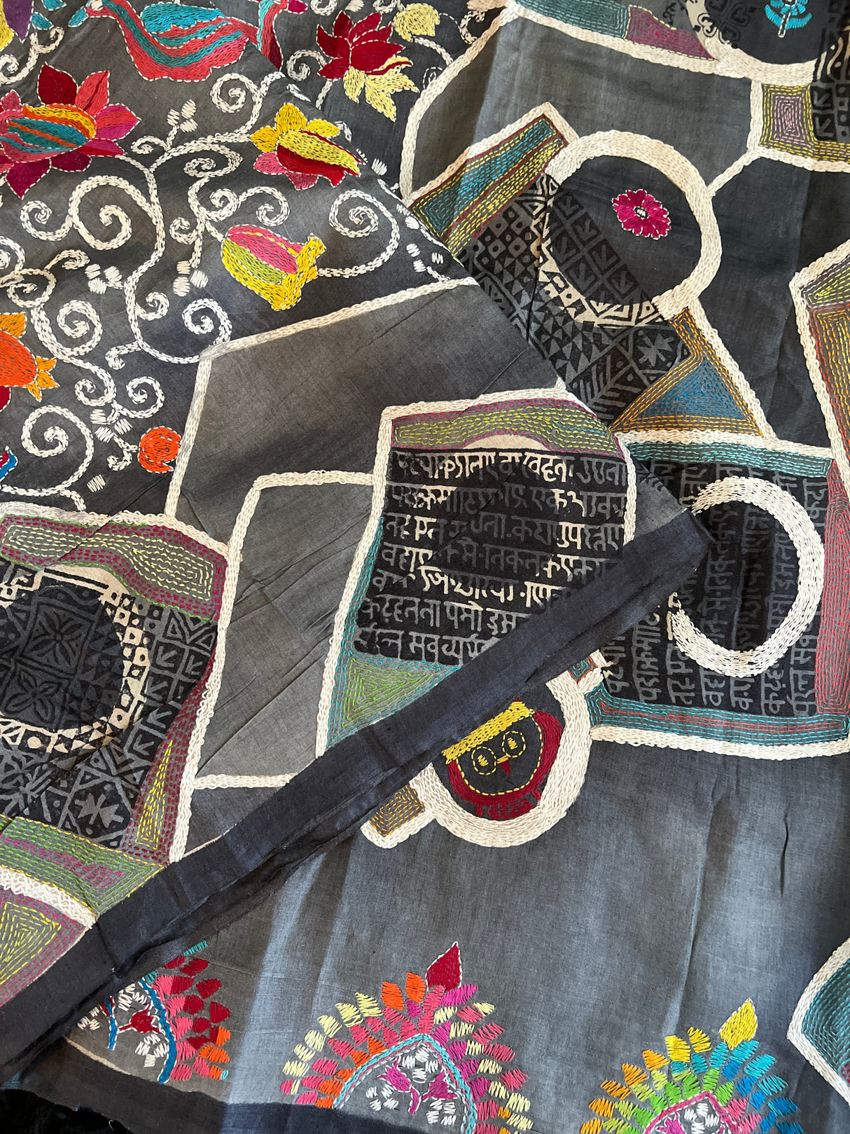 Grey HAND Kantha Stitch Gachi Tussar Silk
