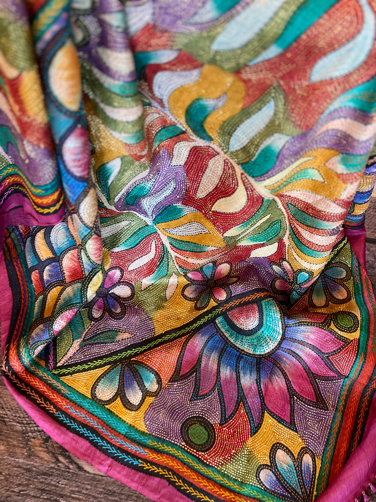 Pink Hand Katha Stitch Gachi Tussar Silk