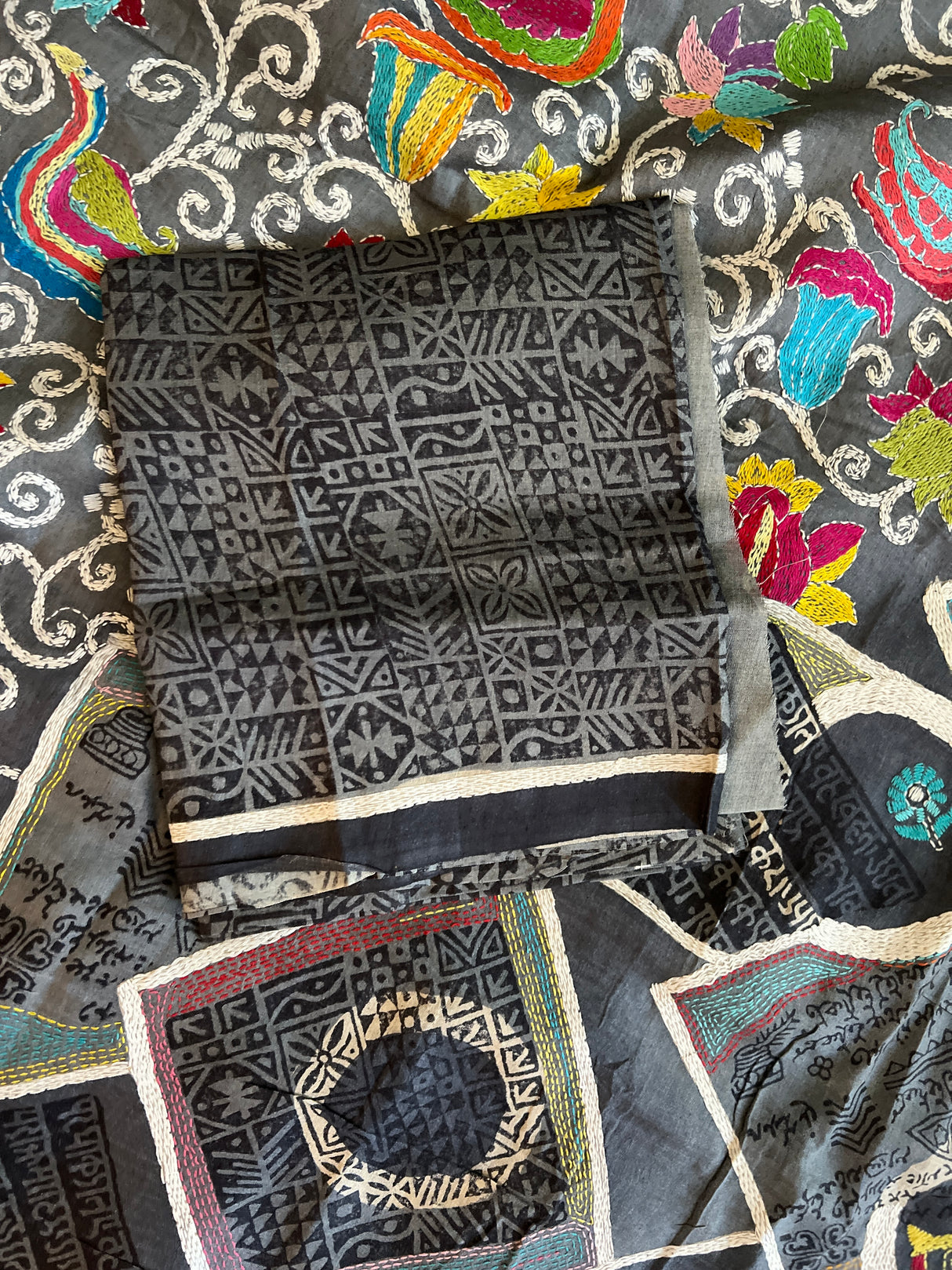 Grey HAND Kantha Stitch Gachi Tussar Silk
