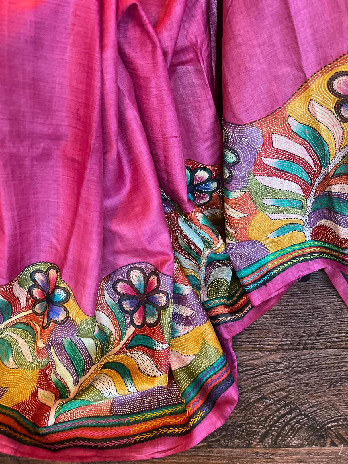 Pink Hand Katha Stitch Gachi Tussar Silk