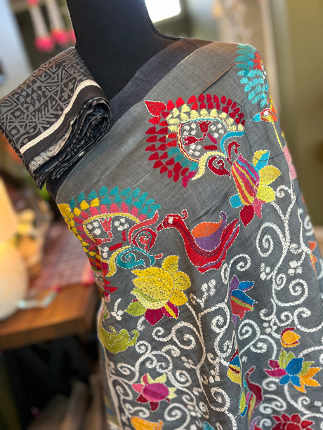 Grey HAND Kantha Stitch Gachi Tussar Silk