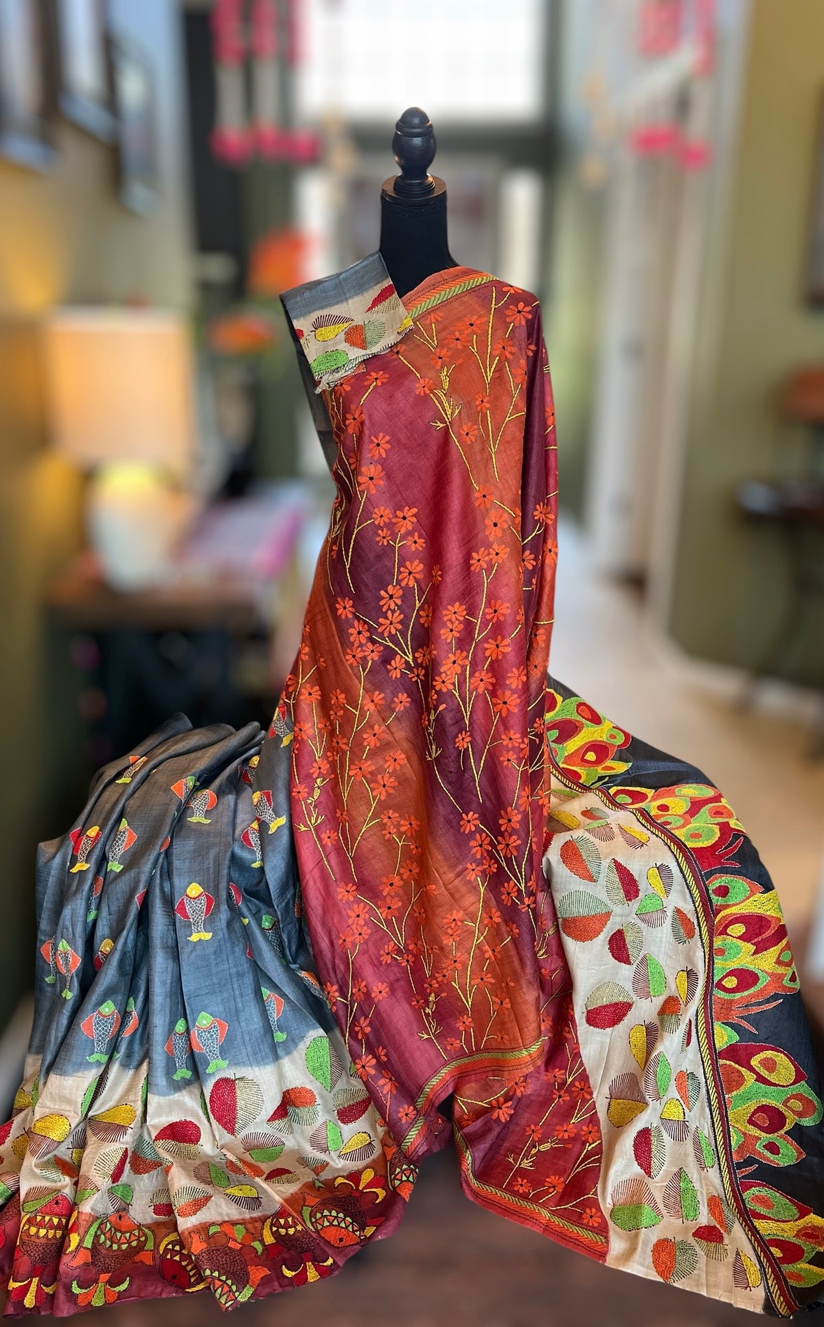 Rust And Grey HAND Kantha Stitch Gachi Tussar Silk – Rani Zaver