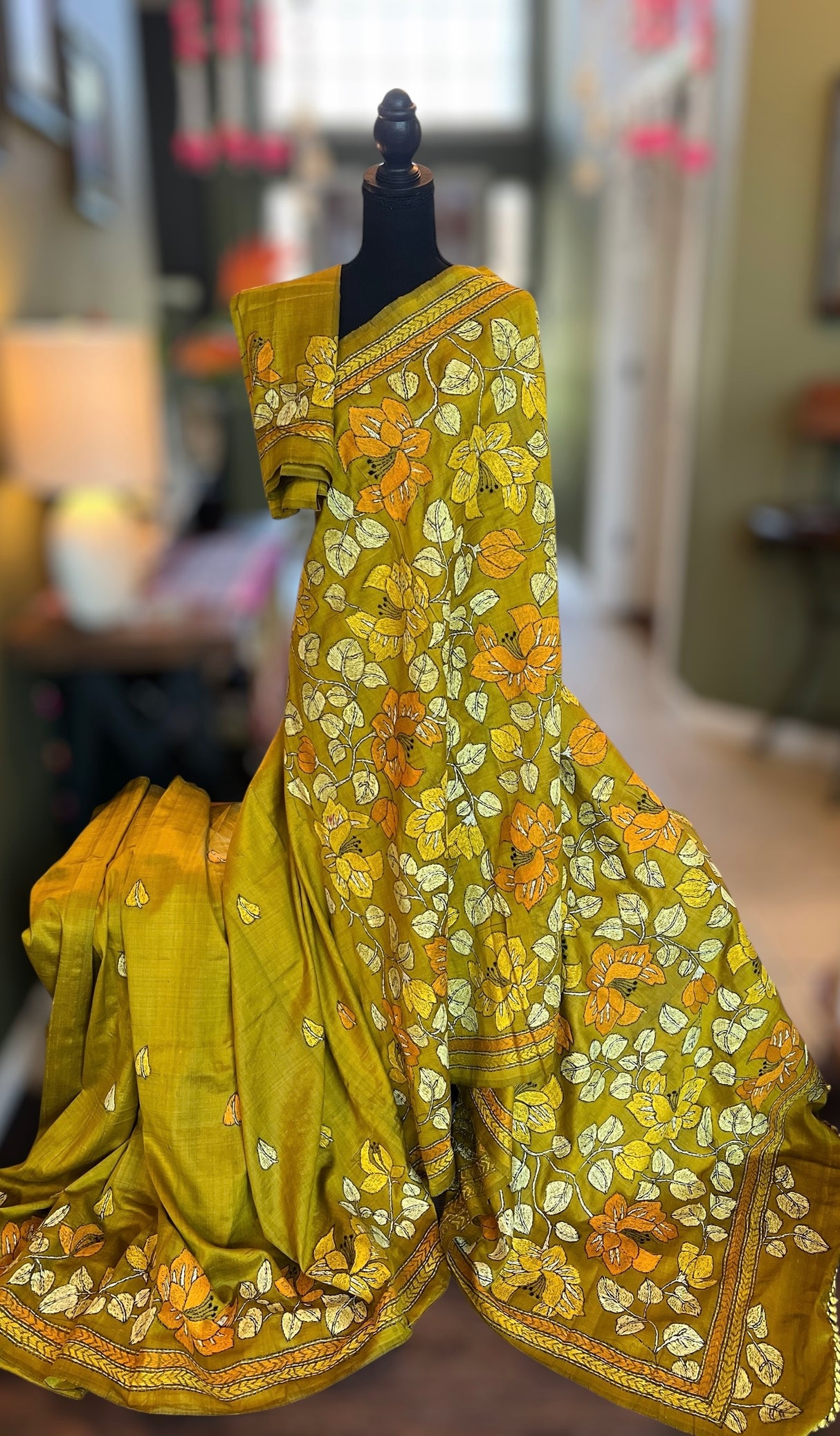 Mehendi Green HAND Kantha Stitch Gachi Tussar Silk