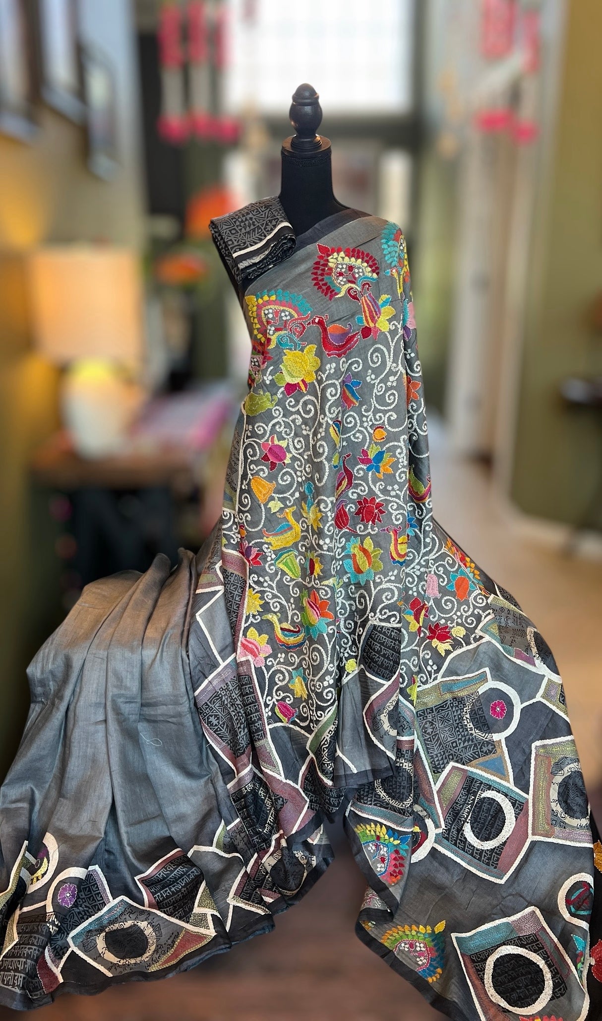 Grey HAND Kantha Stitch Gachi Tussar Silk